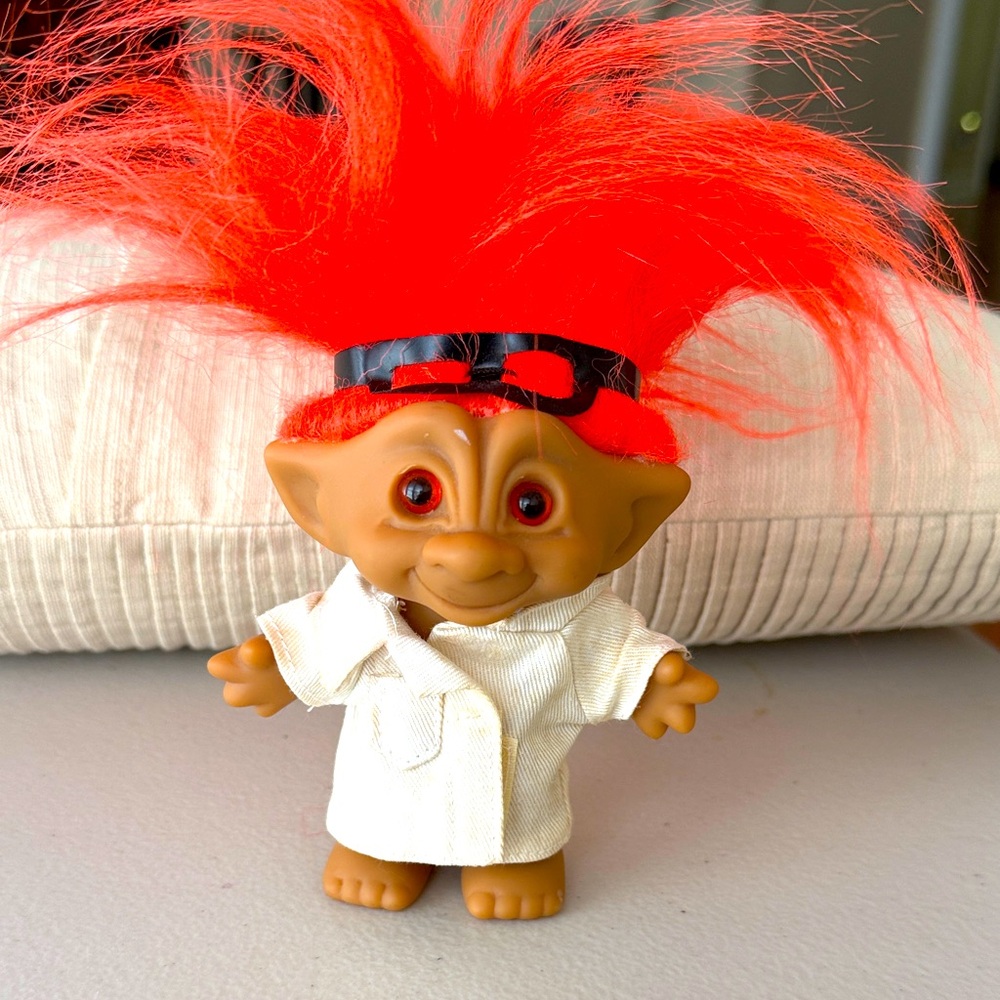 Vintage 90s Scientist Troll  Neon Orange Hair w Lab coat Goggles 4.5" Ace Troll